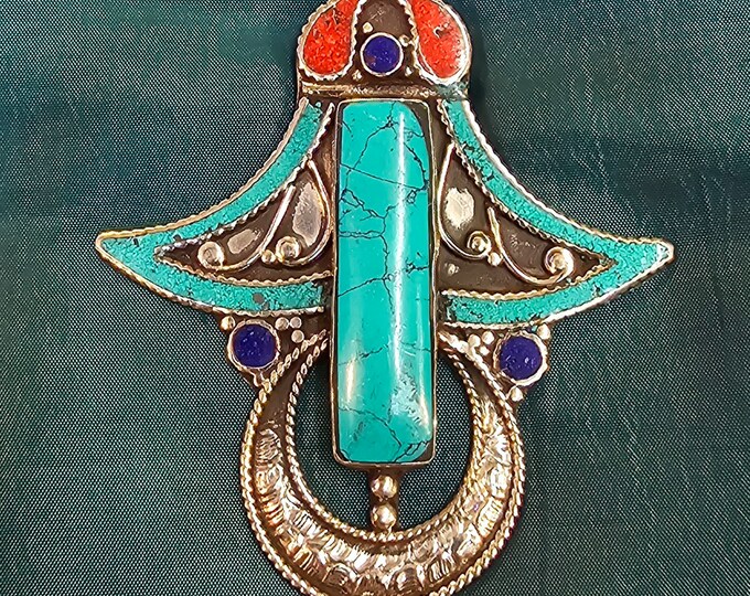 Handmade Authentic Silver Pendant Tibeten Vintage Silver Pendant With Natural Turquoise Stone