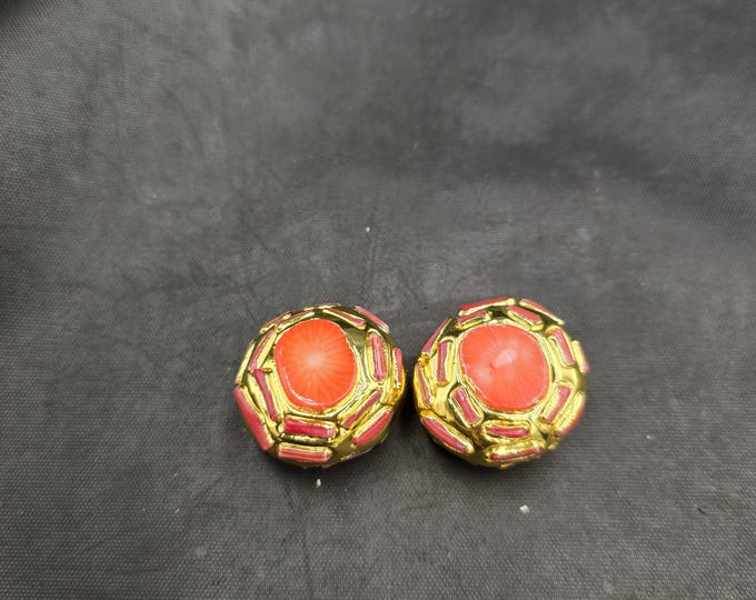 Vintage Victorian Design Handmade Silver Gold Plated 1 Pair Beads With Natural Coral Stone