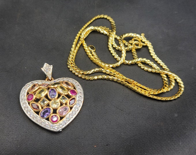 Vintage Beautiful Victorian Design Silver Gold Plated Pendant And Chain With Natural Simi Precious Gemstone
