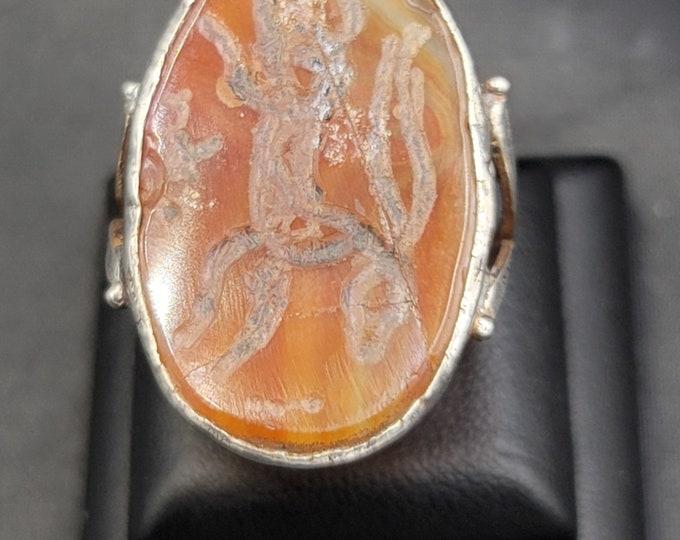 Ancient Old Deer Intaglio Unique Silver Ring With Ancient Agate Stone