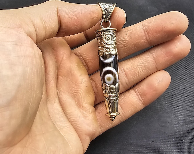 Beautiful Authentic Dzi Agate Eyes Ancient Beads Silver Pendant