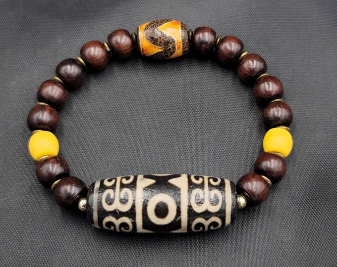 Ancient Old Dzi Tibetan Agate Stone And Brown Wood Beads Baraclet Adjustable