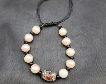 Freshwater Pearl Bracelet: Silver Ruby Bead, Black Onyx, Adjustable