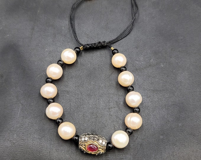 Beautiful Natural Freshwater Pearls With Silver Ruby Bead  Bracelet Adjustable Barcelet