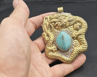 Vintage Brass Drogon Pendant: Handmade Tibetan Turquoise Amulet