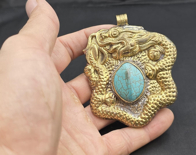 Vintage Brass Drogon Pendant: Handmade Tibetan Turquoise Amulet