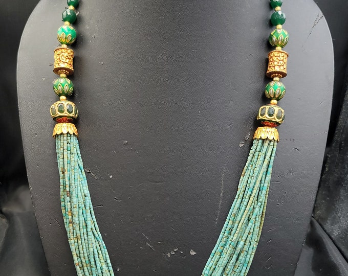 Beautiful Vintage Handmade Authentic Turquoise Beads Necklace With Green Jade Stone Necklace