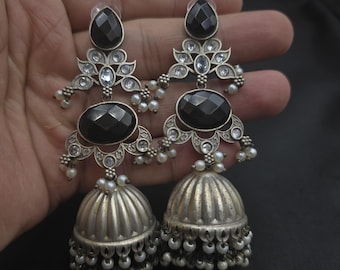 Authentic Antique Near Eastern Beautiful Silver Unique Earrings Silver With Black Agate Stone