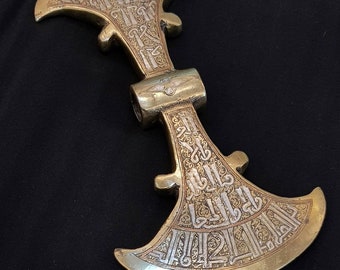 ANTIQUE!! 1600s Bronze Axe Carved With Silver Islamic Calligraphy Inscriptions