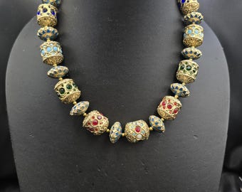 Vintage Mughal Necklace: Gold Guliting, Natural Stone, 18th Century Design
