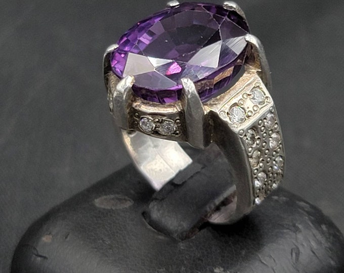 Soild Silver Vintage Handmade Authentic Silver Near Eastern Silver Ring With Natural Amethyst Stone