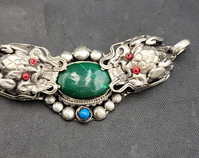 Amizing Vintage Tibeten Silver Wonderful Handmade Drogon Big Pendant With Natural Malachite Stone