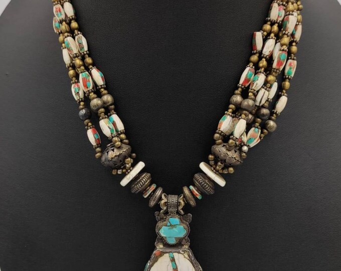 Super Gorgeous Unique and Rare White Stone Silver And Bronze Necklace