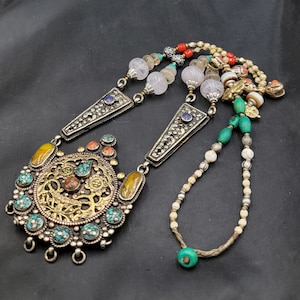 Vintage Tibetan Turquoise Coral Silver Necklace: Boho Pendant, 72cm
