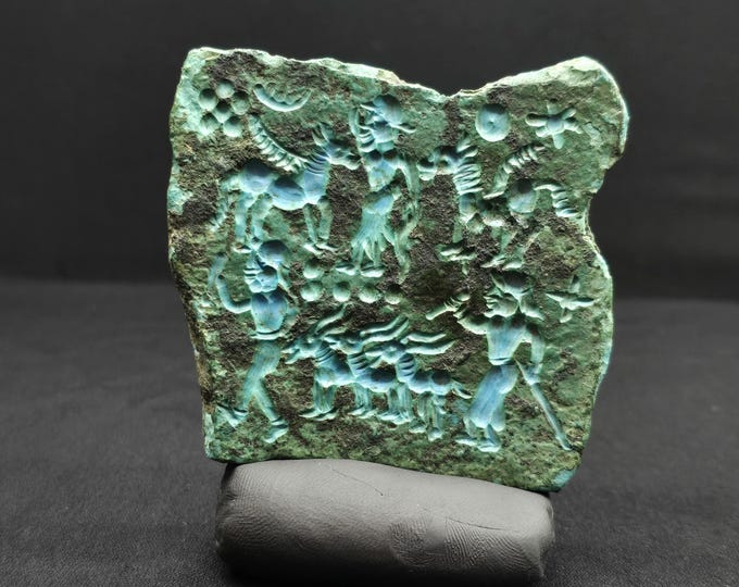 Ancient Rare Old 2000 BC King Gilgamesh With Worries Intaglio Carved Natural Turquoise Stone