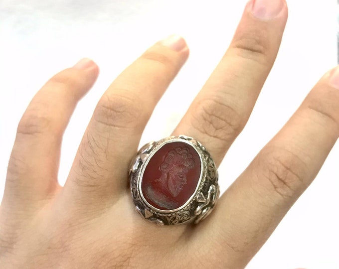 Unique Roman Empire King Face Intagilo Agate Stone Old Silver Antique Ring