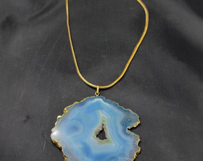 Very Rare Color Bule Agate Gaint Gold Gulding Pendant With Gold Gulding 40cm Chain