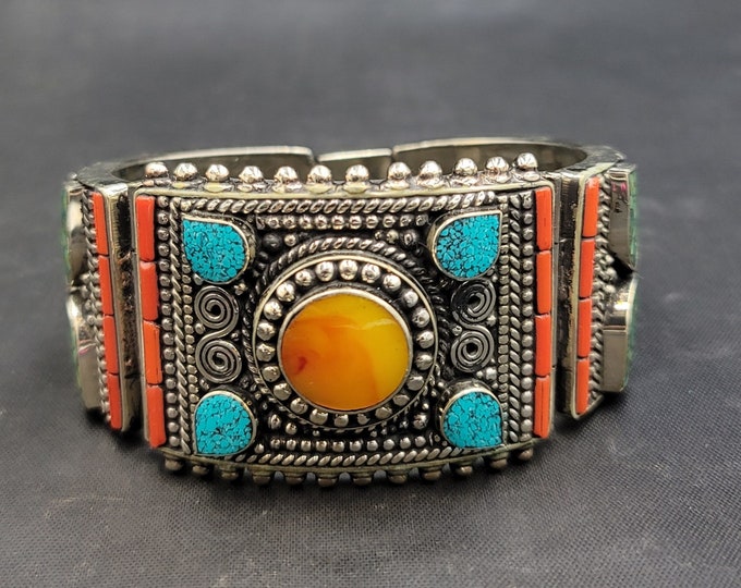 Tibeten Silver Vintage Bangle Bracelet With Natural Turquoise Yellow Copal And Coral