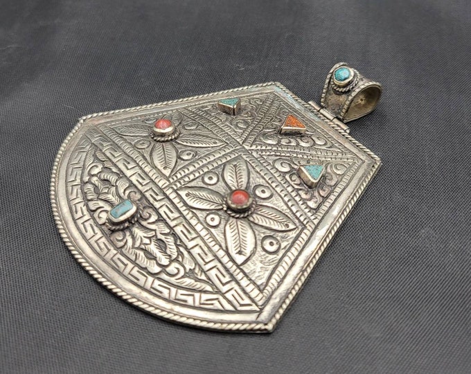 Antique Old Silver Sindi Huge Pendant With Natural Turquoise And Coral