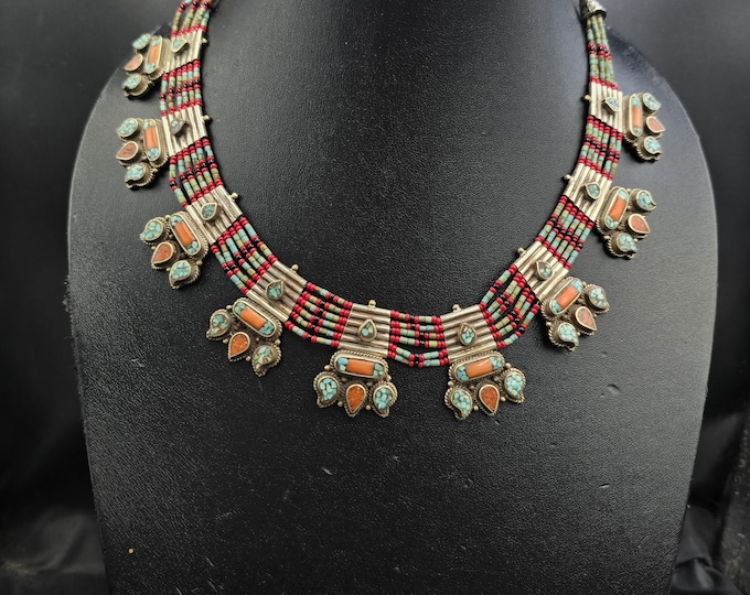 Wonderful Vintage Old Tibeten Silver Handmade Choker /Necklace With Natural Turquoise And Coral Stone