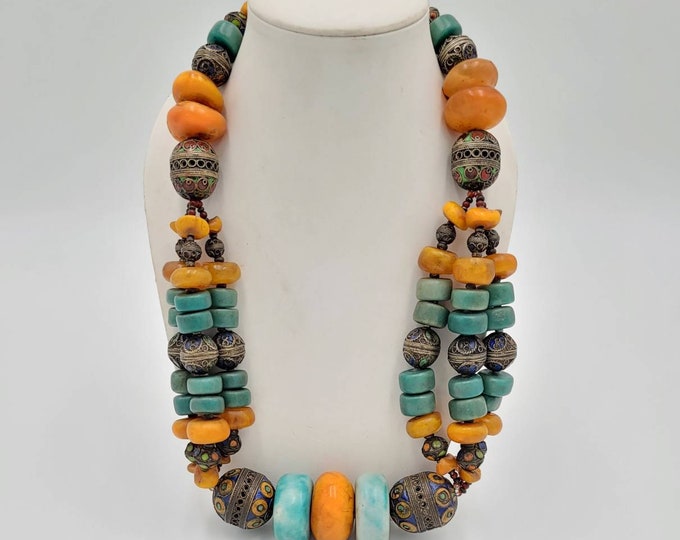 HUGE! Vintage African Yellow Copal And Blue Amazonite Stone With Silver Beads Enamel Work Big Beautiful Necklace