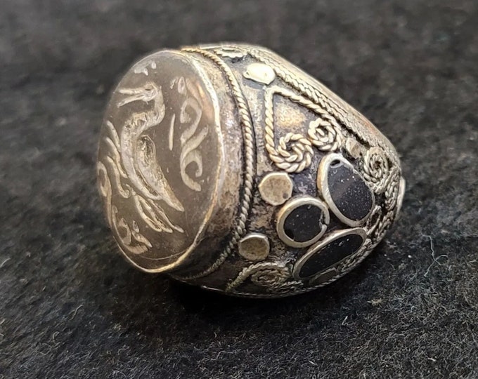 Bird Intaglio Huge Vintage Silver Carved Black Agate Stone Seal Ring
