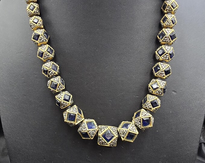Vintage Beautiful Bule Sapphire And Black Spinal Beads Necklace Adjustable Beads Necklace