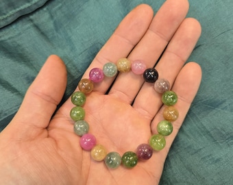 Multi Color Tourmaline Bracelet: Natural Gemstone Round Beads (10mm)