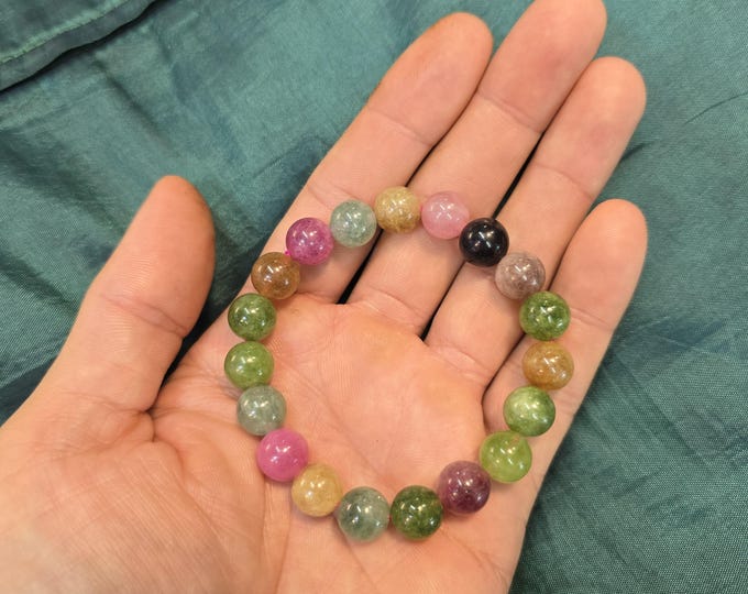 Multi Color Tourmaline Bracelet: Natural Gemstone Round Beads (10mm)