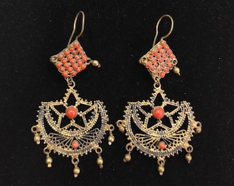 Vintage Gold Plated Coral Gemstone Earrings: Handmade Tribal Jewelry