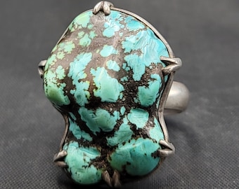 Native American Turquoise Stone Silver Ring - Handmade Size 12