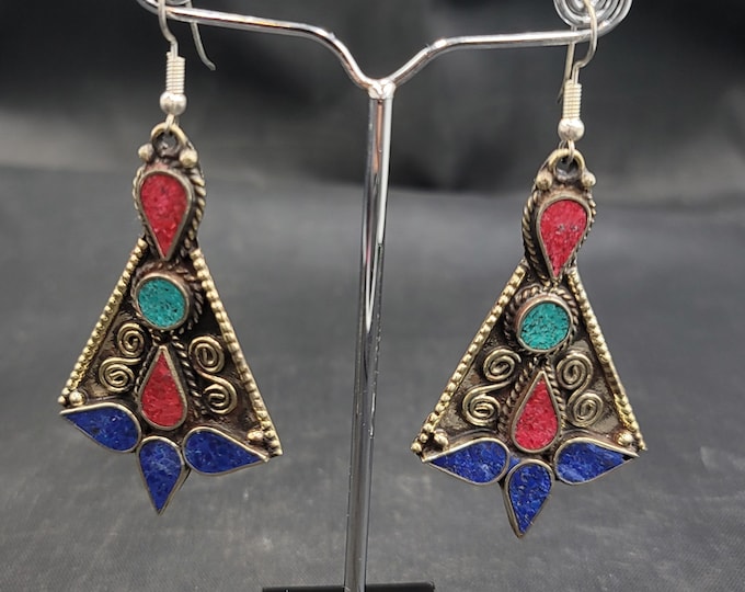 Beautiful Vintage Silver Earrings With Natural Lapis Lazuli Turquoise And Coral Stone