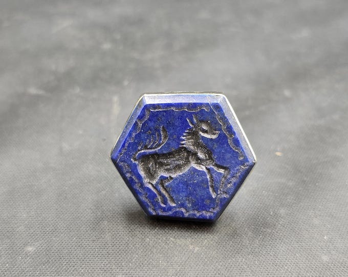 Beautiful Vintage Silver Antique Afghani Seal Stamp With Lapis Lazuli Stone Horse Intaglio