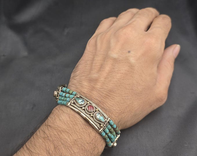 Vintage Handmade Silver Bracelet: Natural Turquoise Stone, 16cm