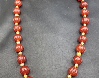 Vintage Carved Agate Bead Necklace with Gold Gilding: Mughal Design