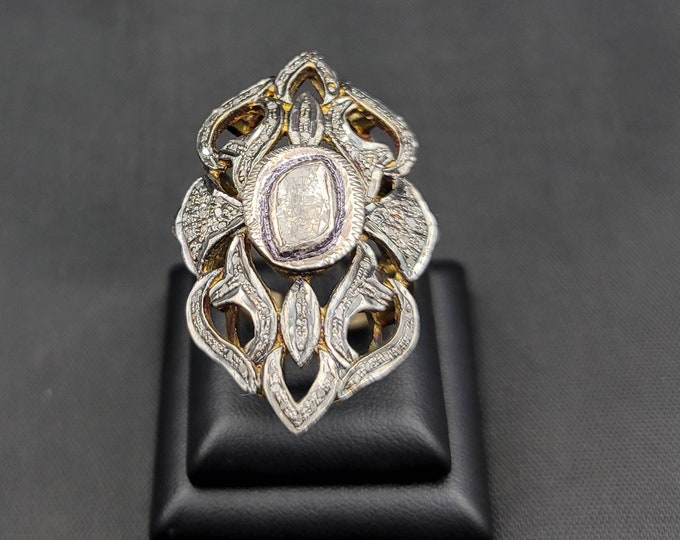 Huge Vintage Silver Gold Gulding Ring With Natural Rose Cut Rough Daimond Ring