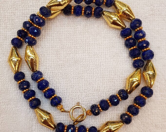 Beautiful Lapis lazuli Stone Wonderful Necklace With Gold Plated Vintage Beads