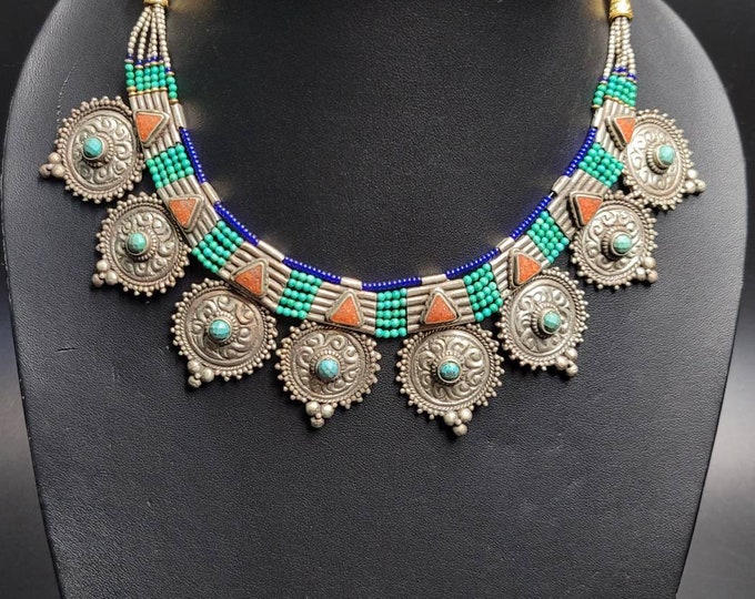 Antique Old Silver Tibeten Handicraft Silver Necklace With Turquoise And Coral