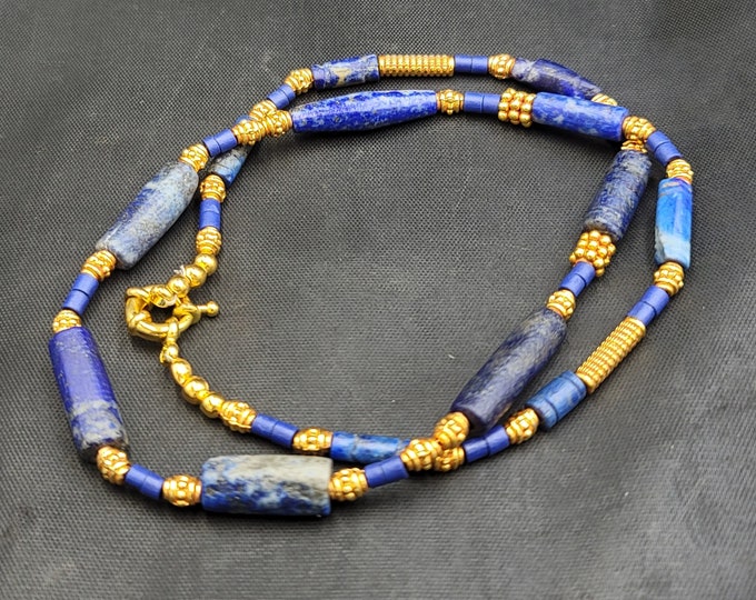 Natural Lapis Lazuli Stone Beads Necklace With Gold Gulding Beads In Between Afghanistan