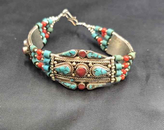 Handmade Vintage Authentic Silver Near Eastern Baraclet With Natural Turquoise Stone