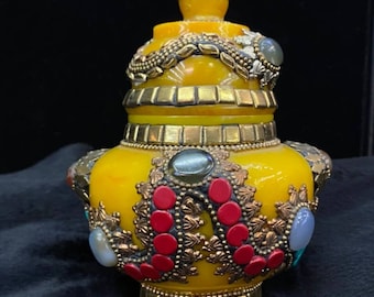 Vintage Copal Box: Handmade Gemstone Agate, Turquoise & Coral Inlay