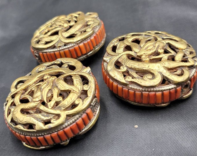 3 Unique Vintage Tibetan Silver Gold Gulding Carved Big Beads Pendants With Natural Red Coral Stone