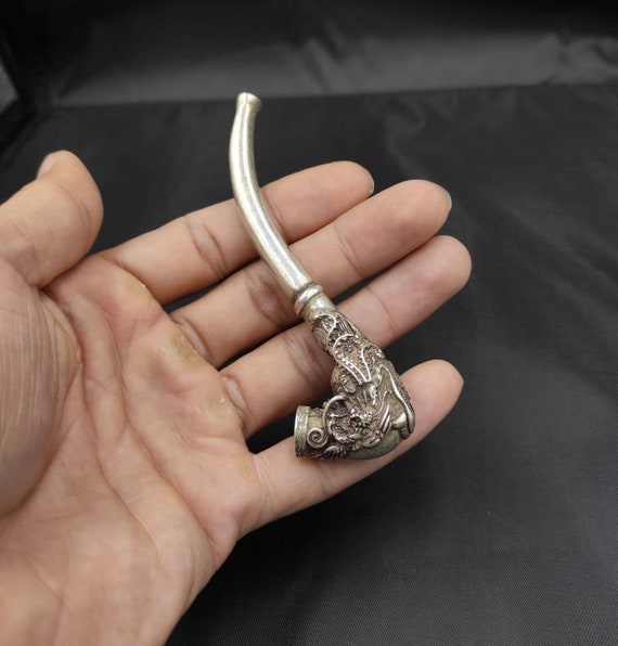 Collectible Decorated Handwork Tibet Silver Carved Dragon Smoking Pipe 