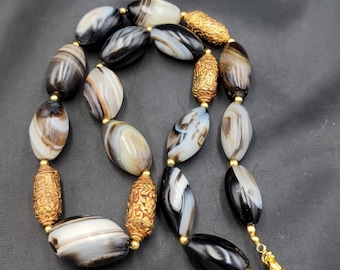 Yemani Agate Stone Necklace: Ancient Gold Plated Beads (60cm)