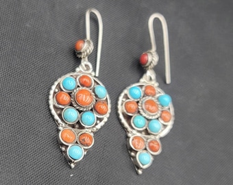 Vintage Tibetan Silver Earrings: Handmade Coral & Turquoise
