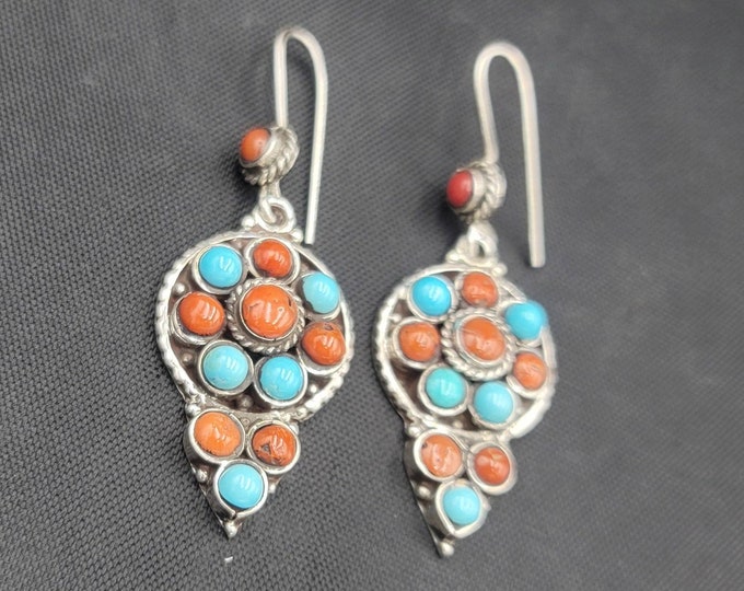 Vintage Tibetan Beautiful Handmade Authentic Silver Earrings With Natural Turquoise And Coral Stone