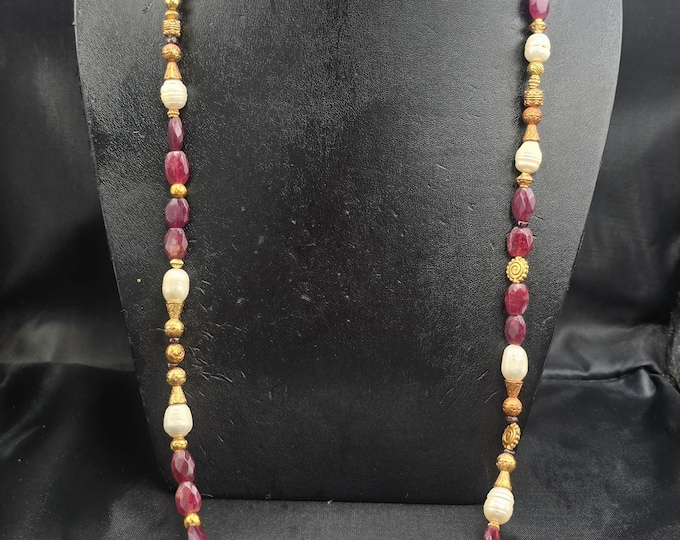 Beautiful Antique Necklace With Natural Red Ruby and Fresh Water Pearls Mughal Design Vintage 18th Century Necklace