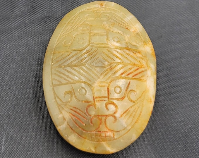 Ancient Unique Rare Yellow Himalayan Old Jade Stone Pendant Amulet With Carved