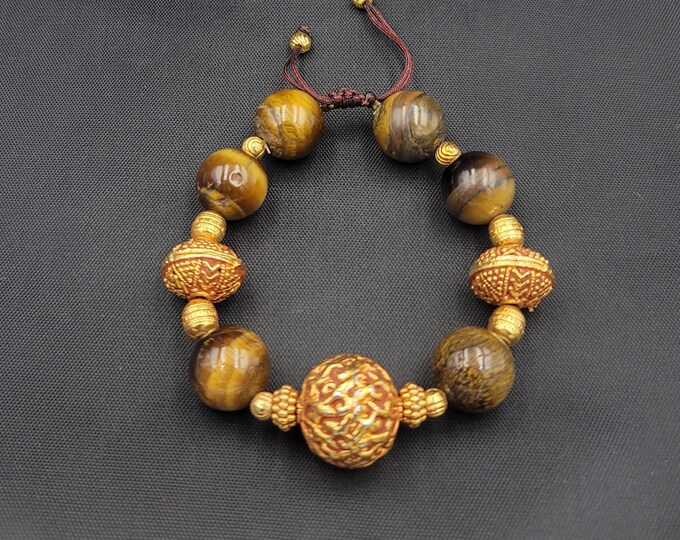 Gold Gulding Wonderful Carved Beads With Tiger Eyes Gemstone Adjustable Barclets