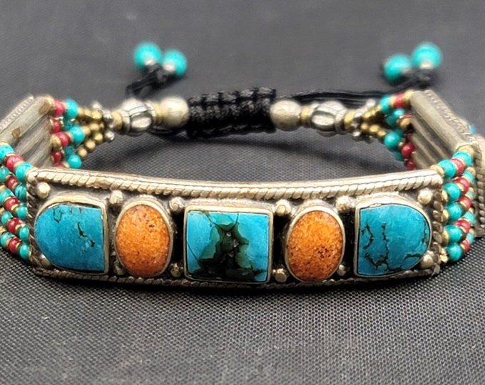 Vintage Tibeten Old Silver Turquoise And Coral Stone Adjustable Bracelet